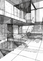 Urban Building Sketch with Staircase and Window - Architectural Design