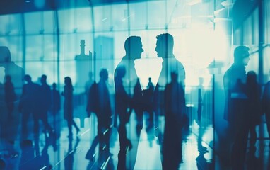 double exposure of business people in office, group talking and shaking hands with white background, blue color palette Generative AI