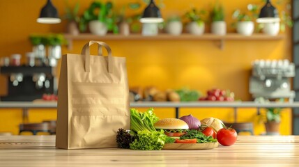 A shopping bag and food in the cafe.