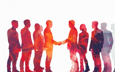 double exposure of group business people in silhouette shaking hands on white background Generative AI