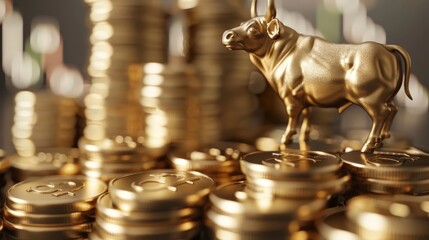 A bull sculpture atop a stack of coins. 