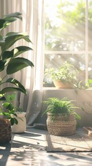 Vertical image of a plant in pot with window view.  