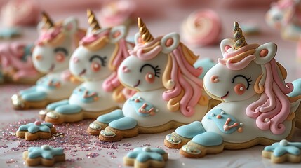Fancy cookies bake intricate decorated cookies in whimsical shapes like unicorns, flowers AI generated