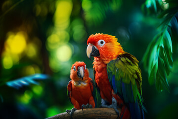 a close up of Parrot mom and son on natural background