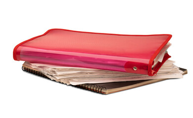 Stack of red plastic folder, different papers and spiral bound brochure isolated on a transparent background
