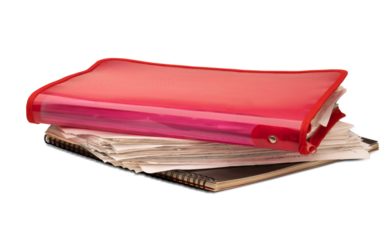 Stack of red plastic folder, different papers and spiral bound brochure isolated on a transparent background