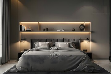 modern bedroom with an elegant grey bed, two wall lamps above the headboard, and shelves on each side for decorative items like books or Mockup frames