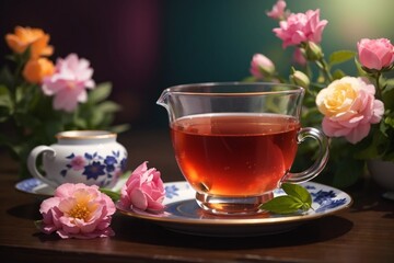 Black tea close up photography with flower background
