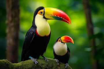 a close up of Toucan mom and son in the jungle on natural background