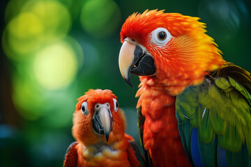 a close up of Parrot mom and son on natural background