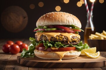 Cheese Burger on a wooden board, close up photography - Powered by Adobe