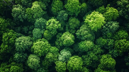 In the countryside, green trees and bushes grow in an amazing forest with a drone view