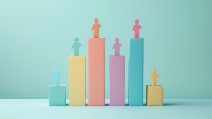Miniature figurines of business people on colorful ascending blocks, symbolizing growth, success, and teamwork in a conceptual business setting.