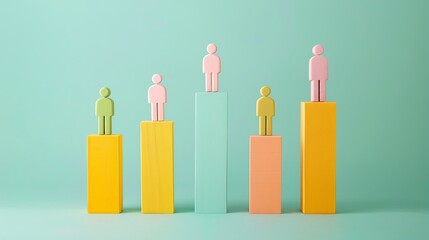 Miniature figurines of business people on colorful ascending blocks, symbolizing growth, success, and teamwork in a conceptual business setting.