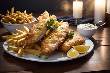 Fish and Chips serving on a white plate, wooden table, photography