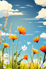 field of flowers, closeup of wildflowers meadow shining sky, nature illustration cartoon sticker