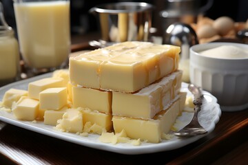 Slices of butter on plate on wooden table, closeup