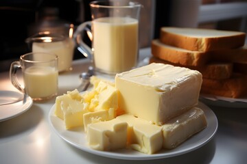 Slices of butter and milk on a table in a cafe