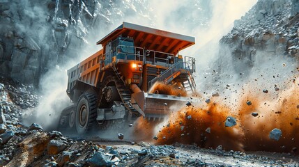 Heavy industrial machines with conveyor belts crushing stones for covering railway tracks with dirt and dust in quarries
