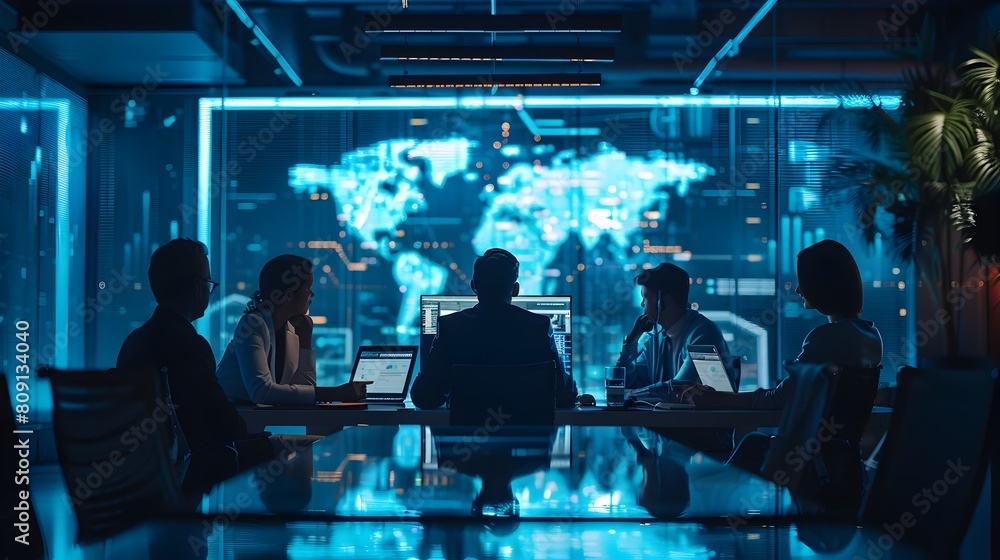 Poster dynamic business team strategizing in a tech enabled war room for collaborative planning and problem