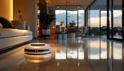 The robotic vacuum cleaner cleans the floor of a modern home.