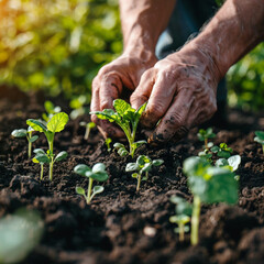 Close-up of farmer's hands planting growth a seed of vegetable or plant seedling on the field. Business or ecology concept