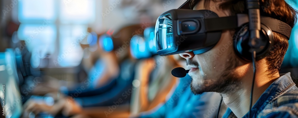 Poster virtual reality game developers analyzing graphics and user interface in creative design studio