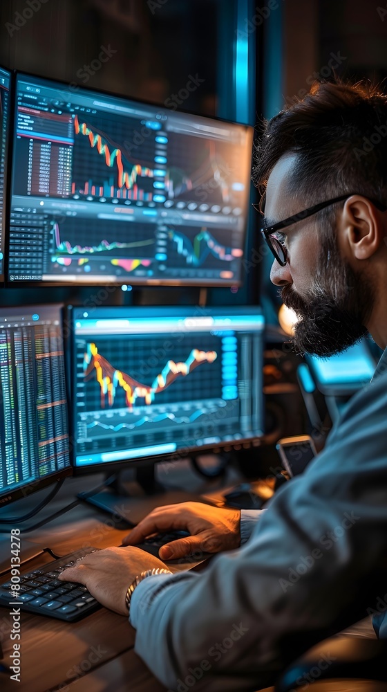 Poster business professional analyzing complex financial data on multiple computer monitors for market insi