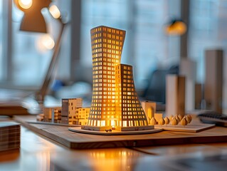 Architectural Model of Futuristic Skyscraper Showcased in Creative Office Environment Highlighting...