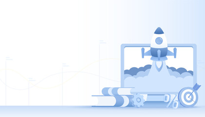 New business start up concept. Rocket launching and growing up.  Symbolic elements of creative thinking, strategy management, tactical planning, goals and target to achieve success. 