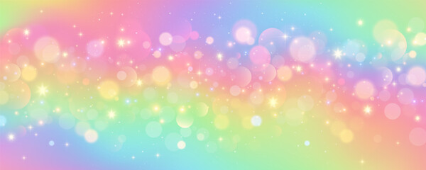 Rainbow unicorn background. Pastel sky with glitter and stars. Colored magic galaxy. Cute vector purple space with fairy sparkles and bokeh. Gradient space illustration.