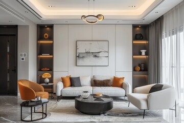 Sophisticated Living Room Showcasing Statement Lighting and Modern Furniture