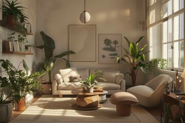 Warm Cozy Living Room Mockup Featuring Neutral-Toned Furniture and Abundant Greenery