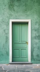 A vertical image of a green door against a green wall.