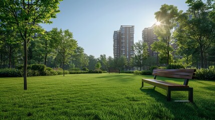 Under a clear blue sky and lush green grass, a summer urban park features a wooden bench, tall trees, and modern residential apartment buildings.