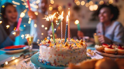 Birthday Celebration With Lit Candles On Cake. Generative AI