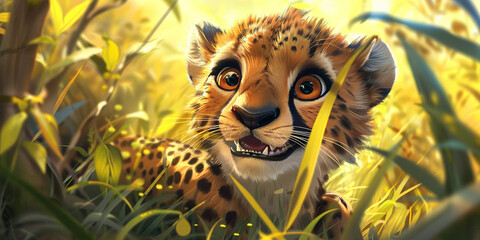 Happy cartoon cheetah in the grass