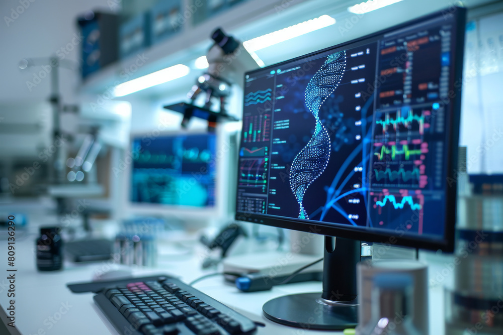 Poster a computer monitor displays a dna structure on the screen