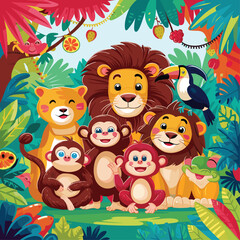 Fototapeta premium Group of happy animals cartoon in the jungle colorful vector illustration