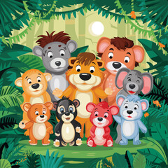 Naklejka premium Group of happy animals cartoon in the jungle colorful vector illustration