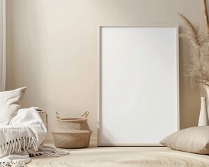  Minimalistic Living Room: White A4 Poster Frame Mockup in Cozy Interior