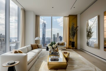 Penthouse Living Room with Plush Furniture and Skyline View