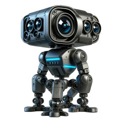 The image shows a small, spider-like robot with a camera for a head
