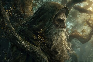 portrait of a very old man, druid hiding in the depth of timber forest