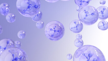 3D rendering Cosmetics Blue Serum bubbles on defocus background. Collagen bubbles Design. Molecule inside a liquid bubble. Essence Ball Molecules.