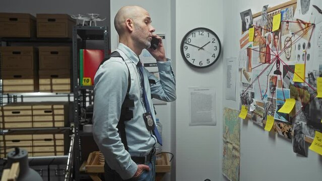 Bald detective man with beard talks on phone in office with evidence board and clock.