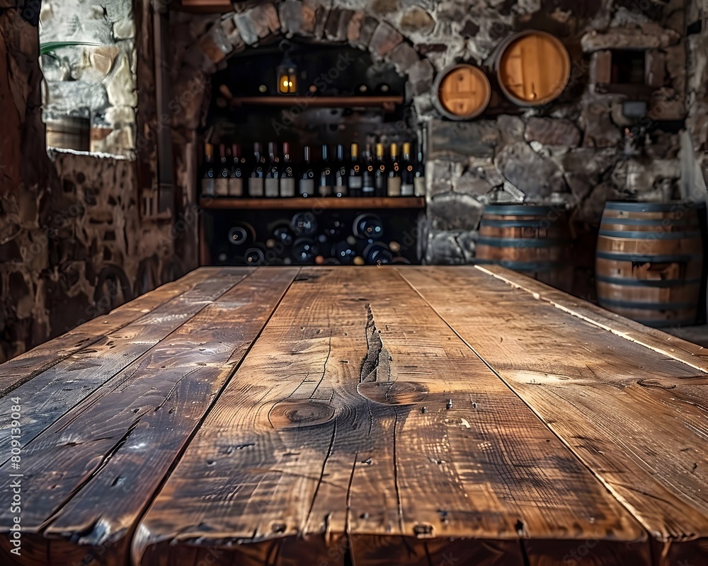 Poster traditional wooden table in rustic winery setting ready for wine tasting setup empty surface concept