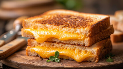 Grilled cheese sandwich on a wooden board.