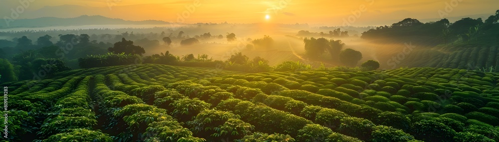 Canvas Prints Vibrant Aerial View of a Lush Coffee Plantation at Sunrise Nestled Among Misty Mountains and Valleys