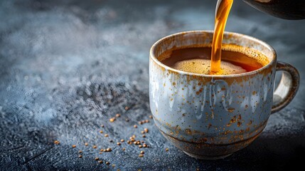 Freshly Brewed Morning Coffee Ritual in Ceramic Mug with Copyspace